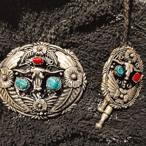 Buckle and necktie deal.. real turquoise and coral.